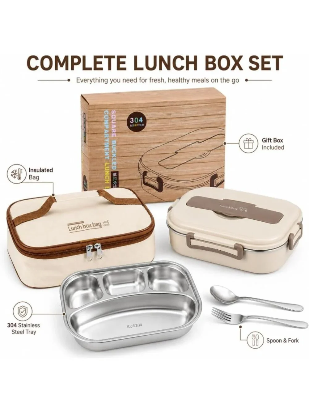 Leakproof Stainless Steel Bento Box - 4 Compartment Meal Prep Container with